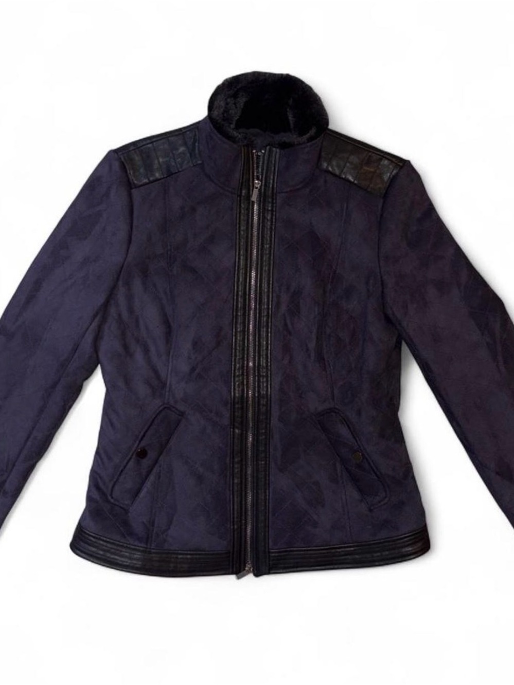 French Connection Navy Blue Suede Jacket | Faux Fur Collar Womens Size Medium